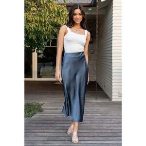 Baltic Born Celeste Satin Midi Skirt | Steel Blue Size SS